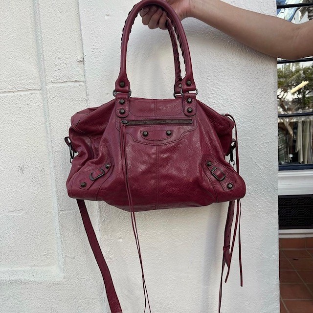 burgundy moto handbag