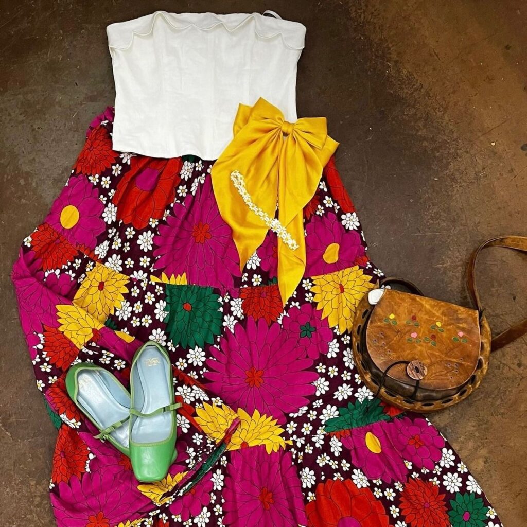 white corset top with bright floral print