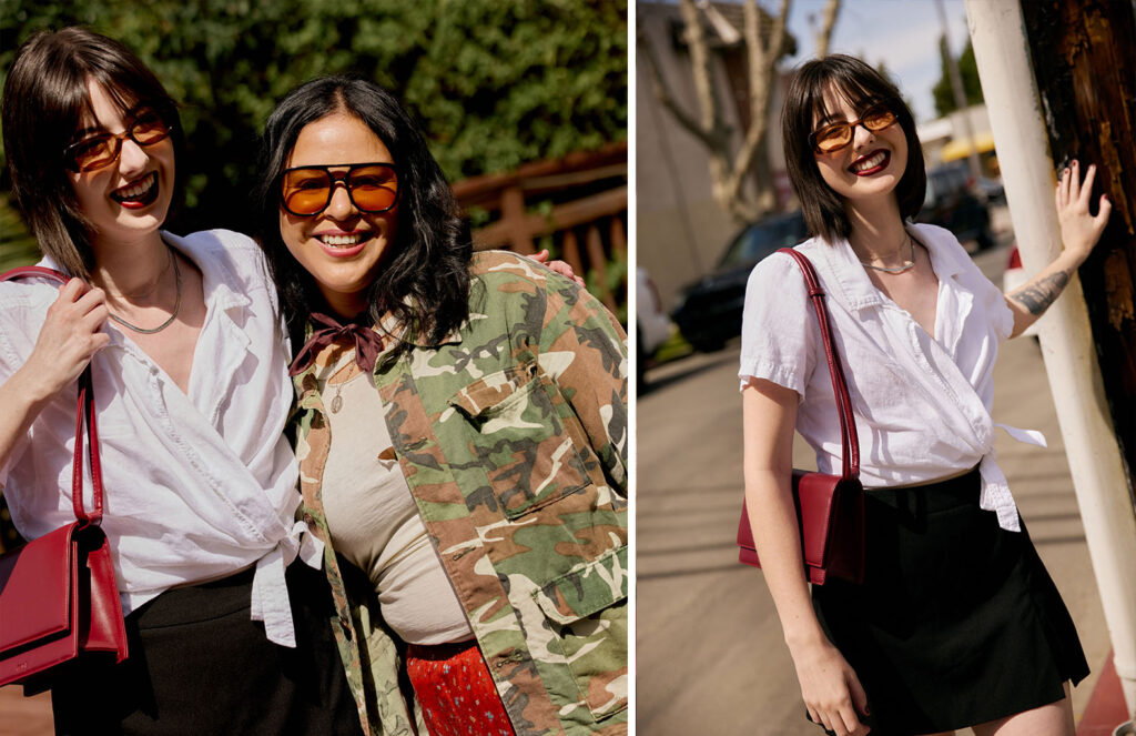 Left photo of Cate and Andrea posing together wearing summer fashion right photo of Cate wearing a white button up shirt and black skirt holding a red purse