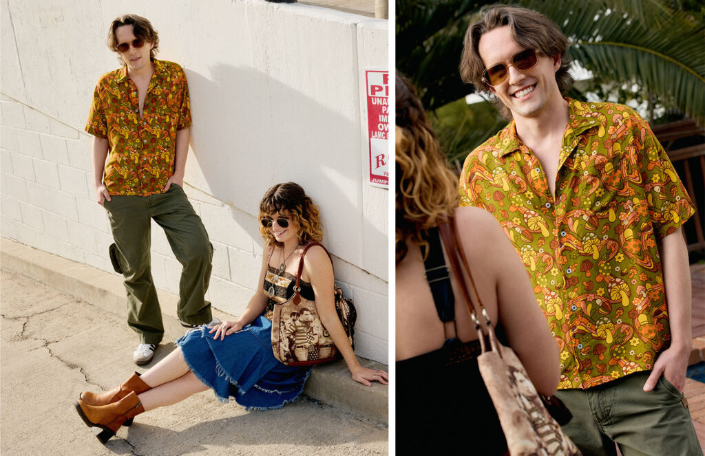 left photo of Eric and Sara wearing summer fashions right photo of Eric wearing summer fashion with palm trees in the background