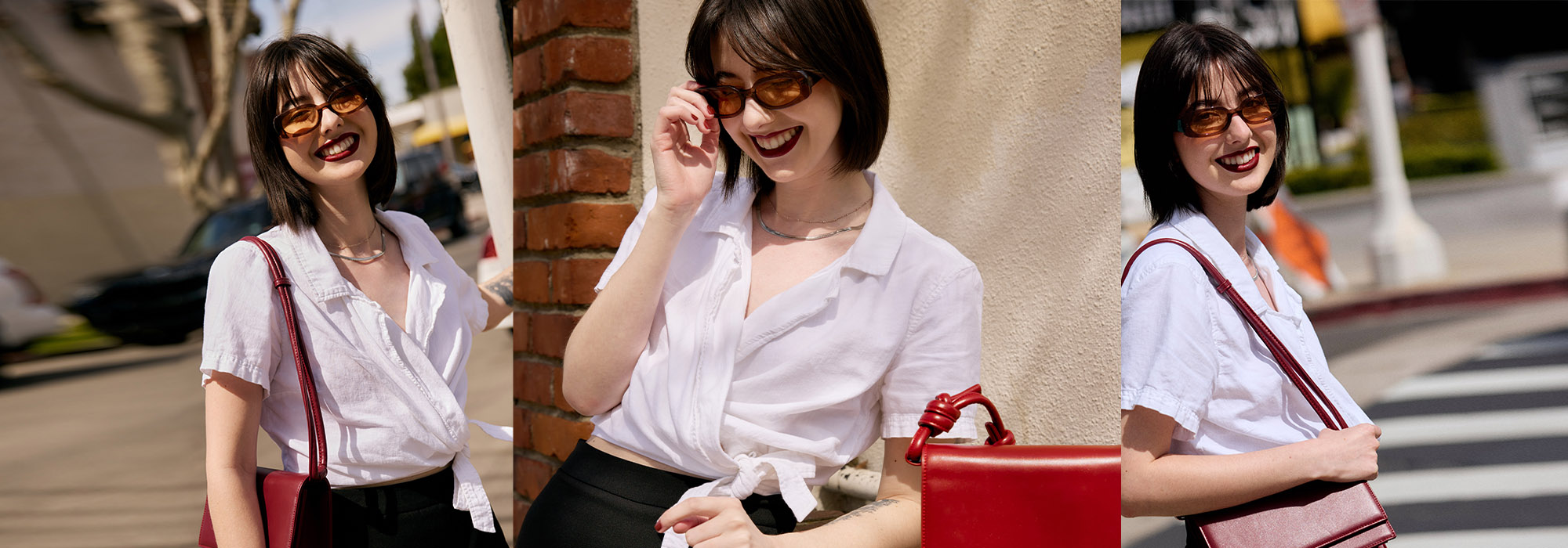 decorative photo of model in white top with red dress