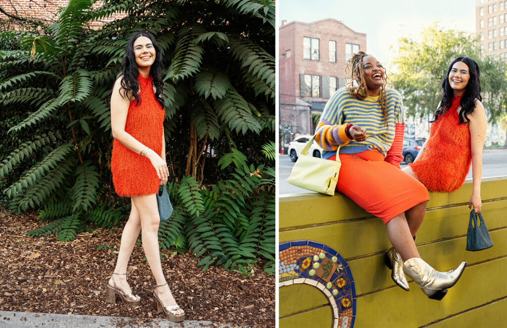 left photo of Sarahi wearing an orange dress, blue purse, and gold shoes right photo of Erykah and Sarahi wearing spring fashion