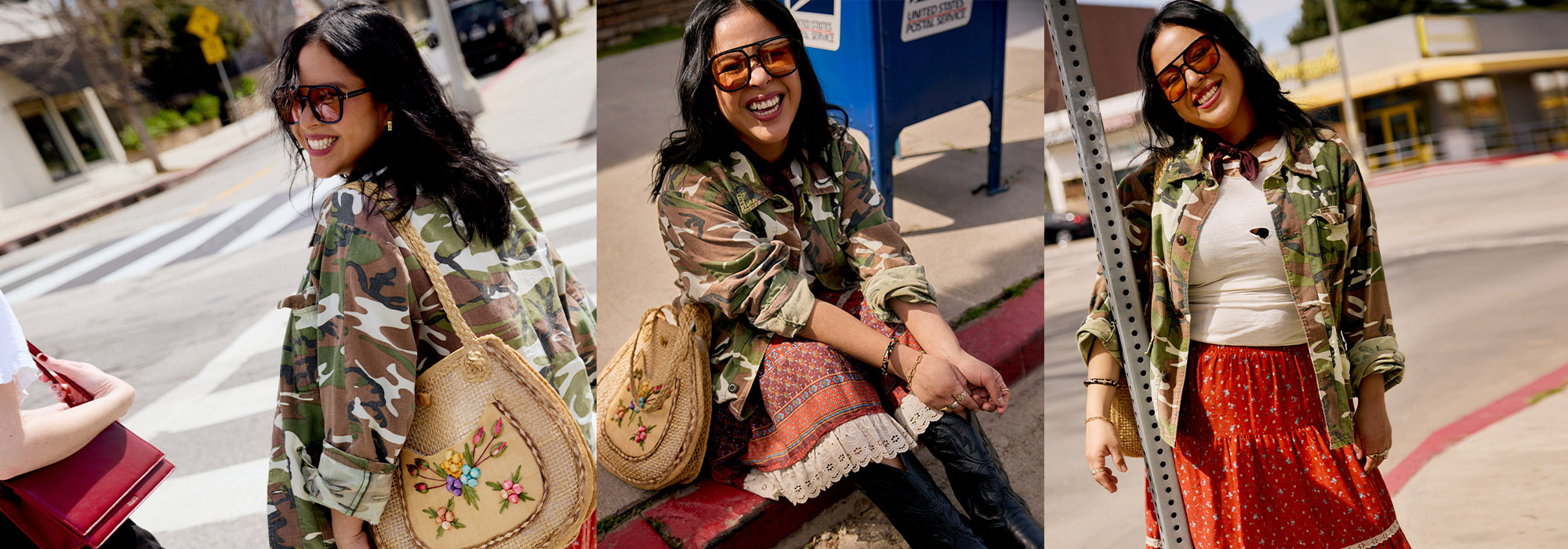 decorative photo of model in camo jacket and skirt